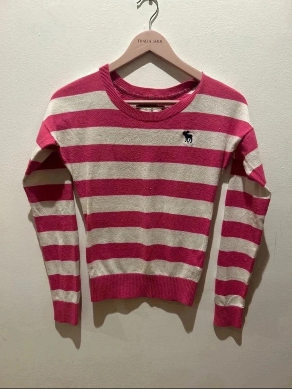 Abercrombie & Fitch Pink and Cream Striped Crewneck Sweater
